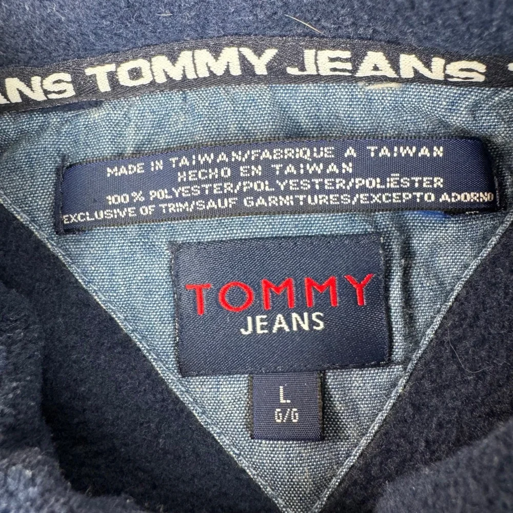 Vintage Tommy Jeans Fleece Pullover Mens Large Navy Blue 1/4 Zip Packable Hood